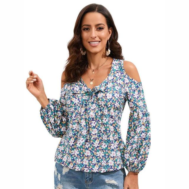 Womens Summer Tops Cold Shoulder Blouse Front Tie V Neck Tops Casual Boho Floral Tunic Blouse, Summer Beachwear, Vacation Outfits - Blue-Green ,2XL Product Image