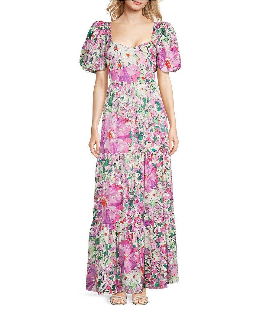 Belle Badgley Mischka Mia Sweetheart Neck Short Puff Sleeve Floral Dress Product Image