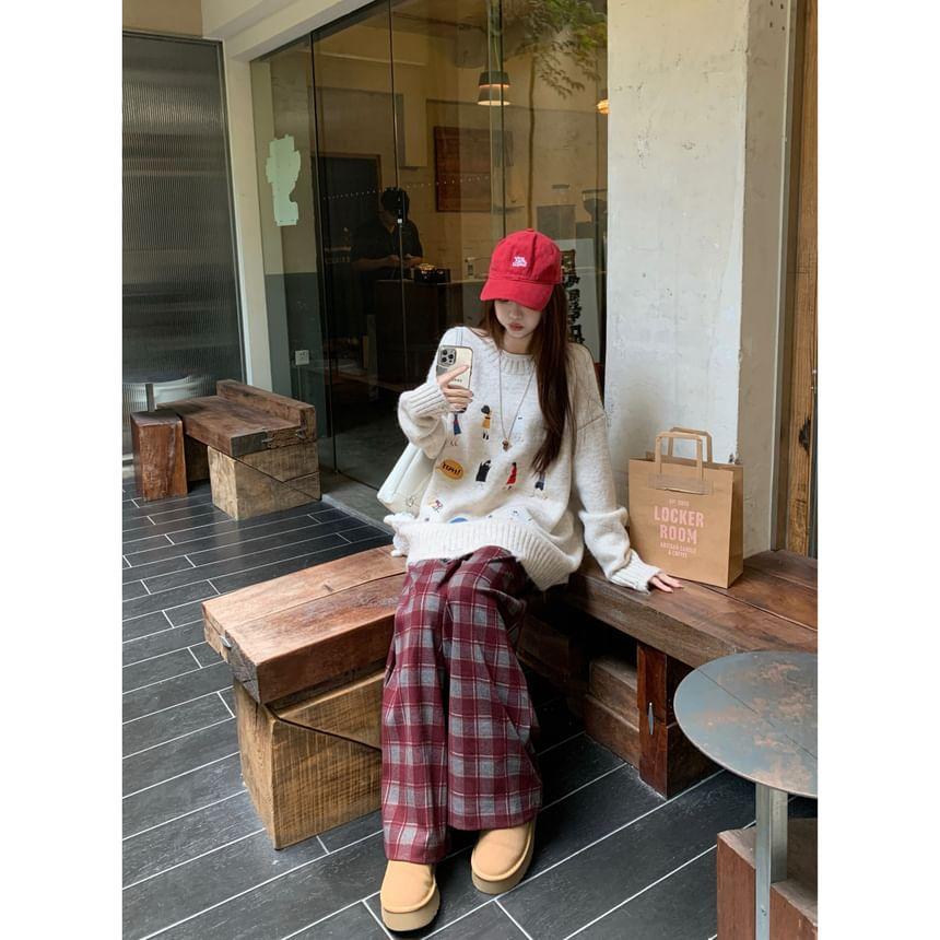 Crewneck Jacquard Sweater / High Waist Plaid Wide Leg Pants Product Image