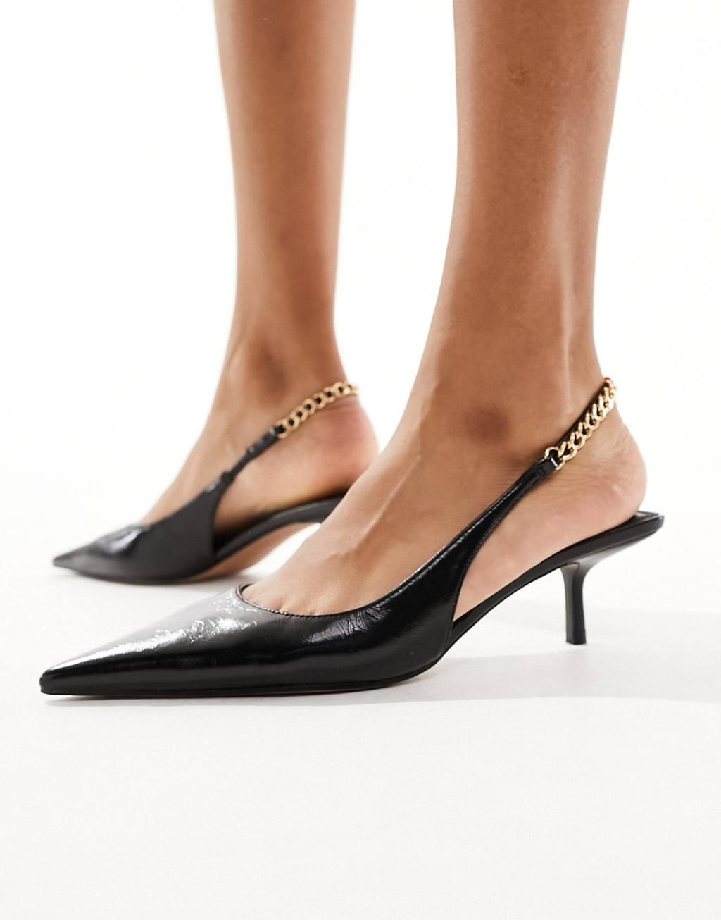 ASOS DESIGN Sharp slingback chain detail kitten heeled shoes Product Image