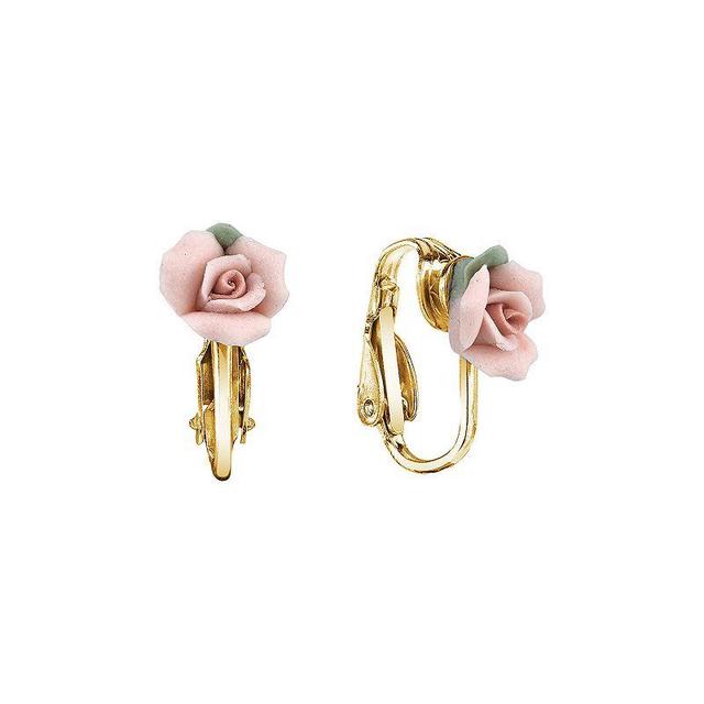 1928 Pink Porcelain Rose Clip-On Earrings, Womens Product Image