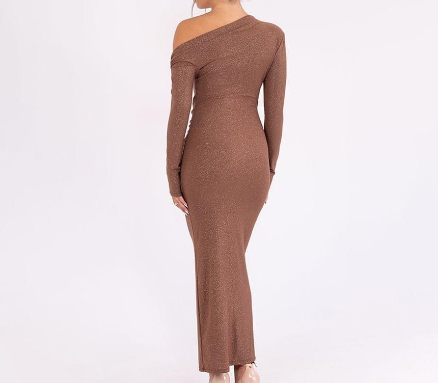 Long-Sleeve Asymmetrical Plain Maxi Sheath Dress Product Image