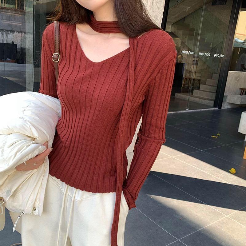 Long-Sleeve V-Neck Ribbed Plain Knit Top Product Image