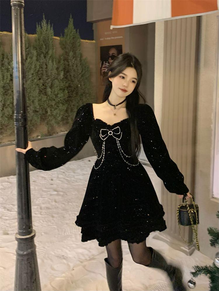 Long-Sleeve Bow Rhinestone Ruffle Trim Velvet A-Line Dress Product Image