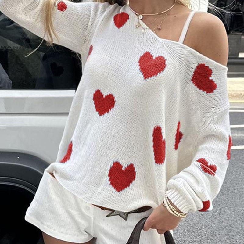 Long Sleeve Cold-Shoulder Heart Print Loose-Fit Sweater Product Image