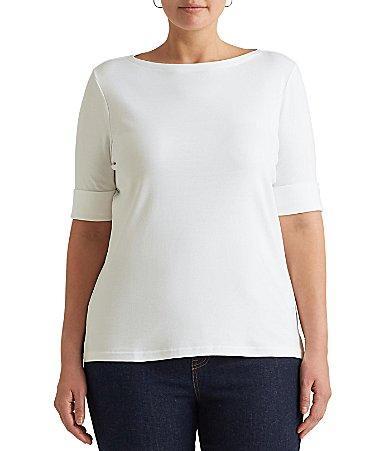 Lauren Ralph Lauren Plus Size Stretch Cotton Boat Neck Short Folded Elbow Sleeve Top Product Image