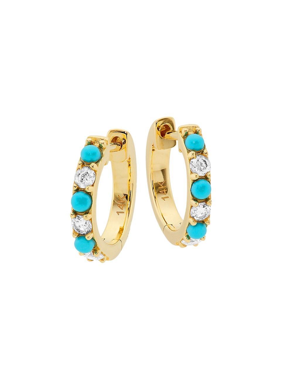 Womens 14K Yellow Gold, 0.198 TCW Diamond & Turquoise Huggie Hoop Earrings Product Image