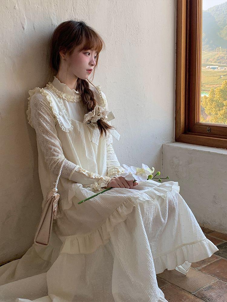 Long-Sleeve Stand Collar Plain Frill Trim Blouse / Asymmetrical Ruffle Trim Tiered Midi Dungaree Dress / Set Product Image