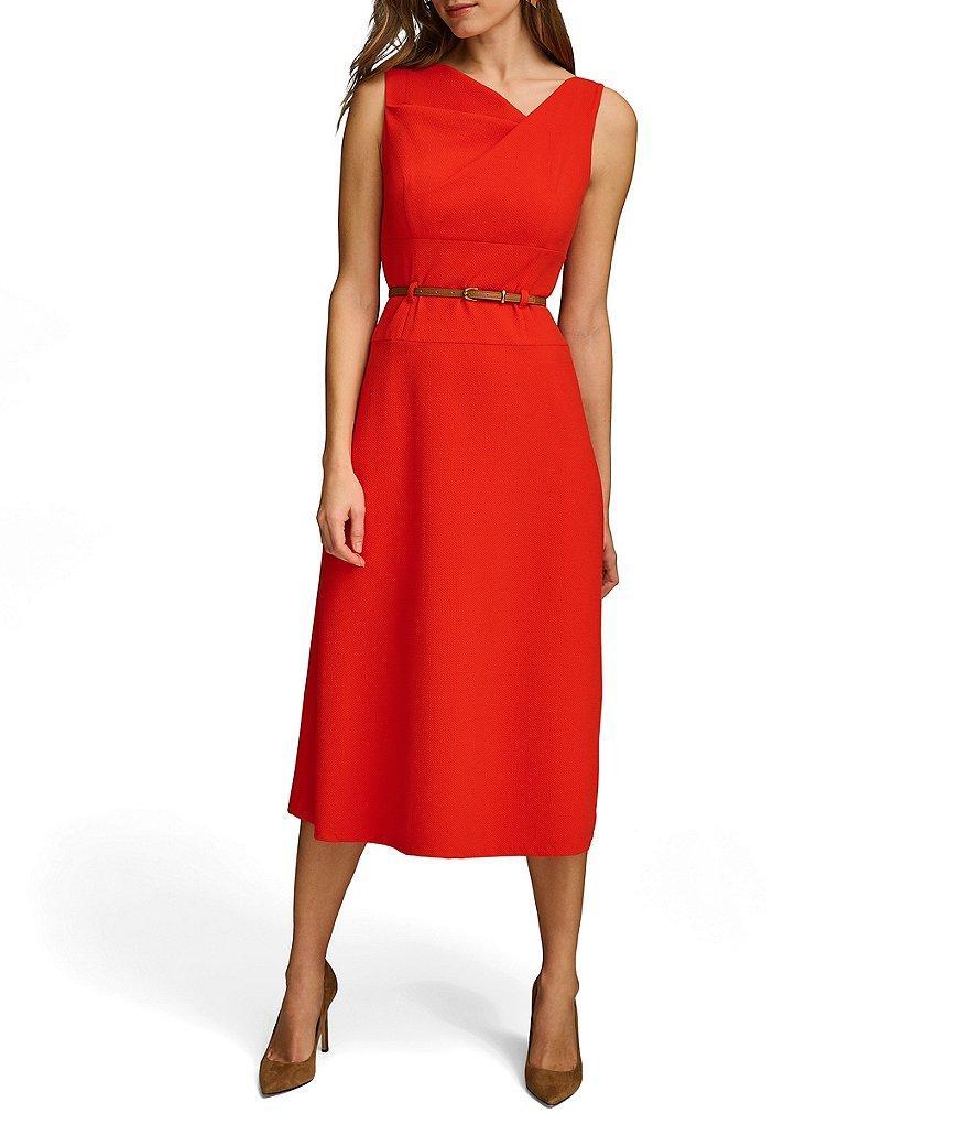 Donna Karan Sleeveless Asymmetrical Neck Belted A-Line Midi Dress Product Image