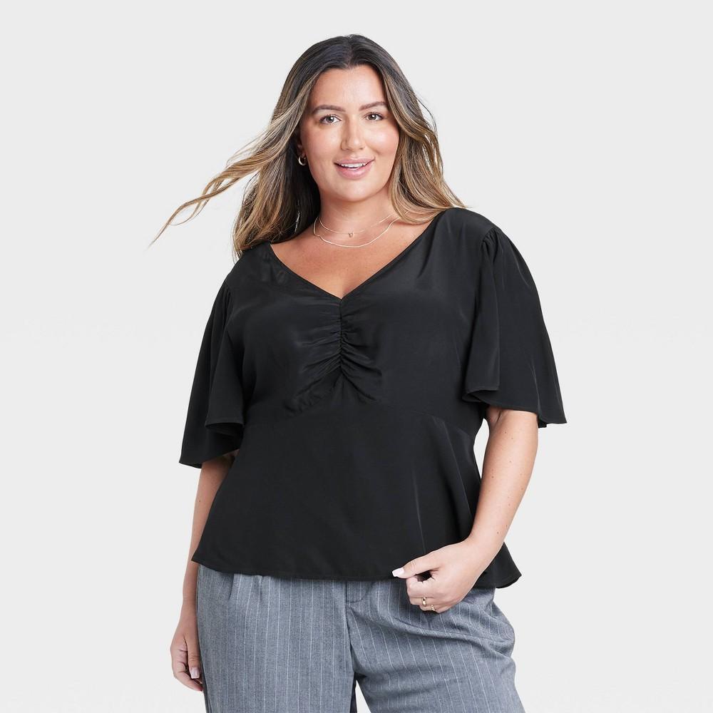 Womens Slim Fit Flutter Short Sleeve V-Neck Top - A New Day Black XXL Product Image