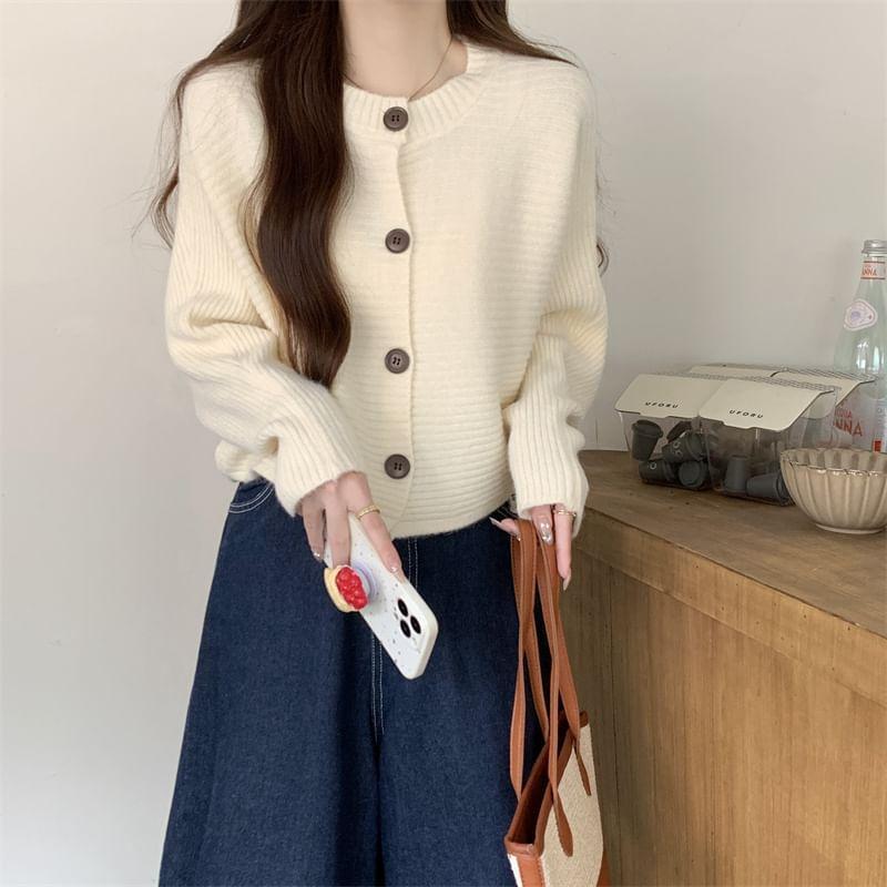 Crew Neck Plain Button-Up Crop Cardigan Product Image