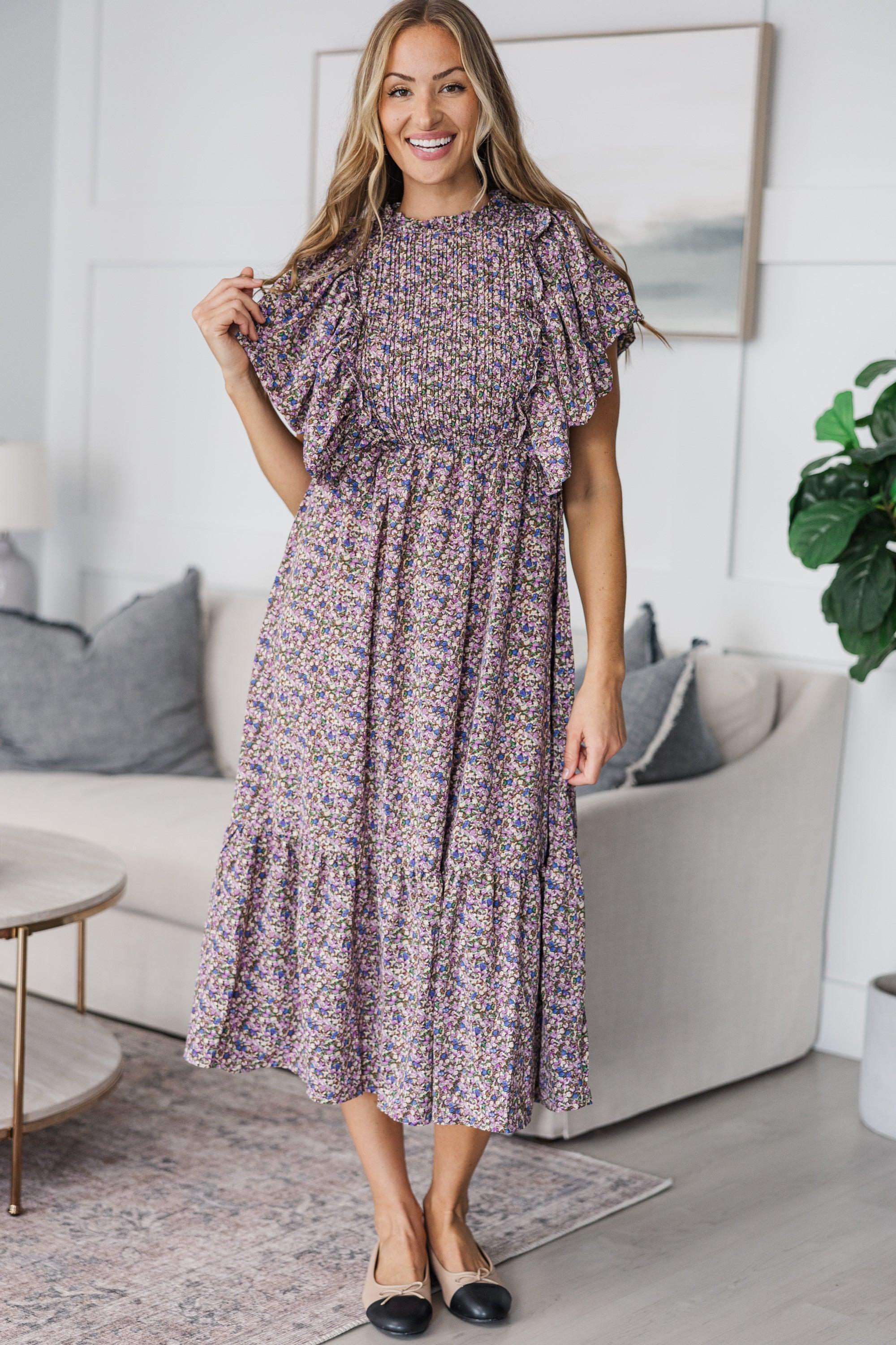 NURSING COLLECTION: All The Good Plum Ditsy Floral Ruffled Midi Dress Female Product Image