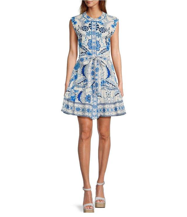 A Loves A Floral Border Print Banded Crew Neck Cap Sleeve Button Front Belted A-Line Dress Product Image