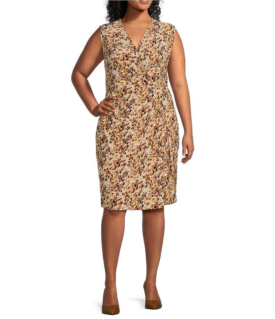 Kasper Plus Size Printed Surplice V Neckline Sleeveless Faux Wrap Dress Product Image