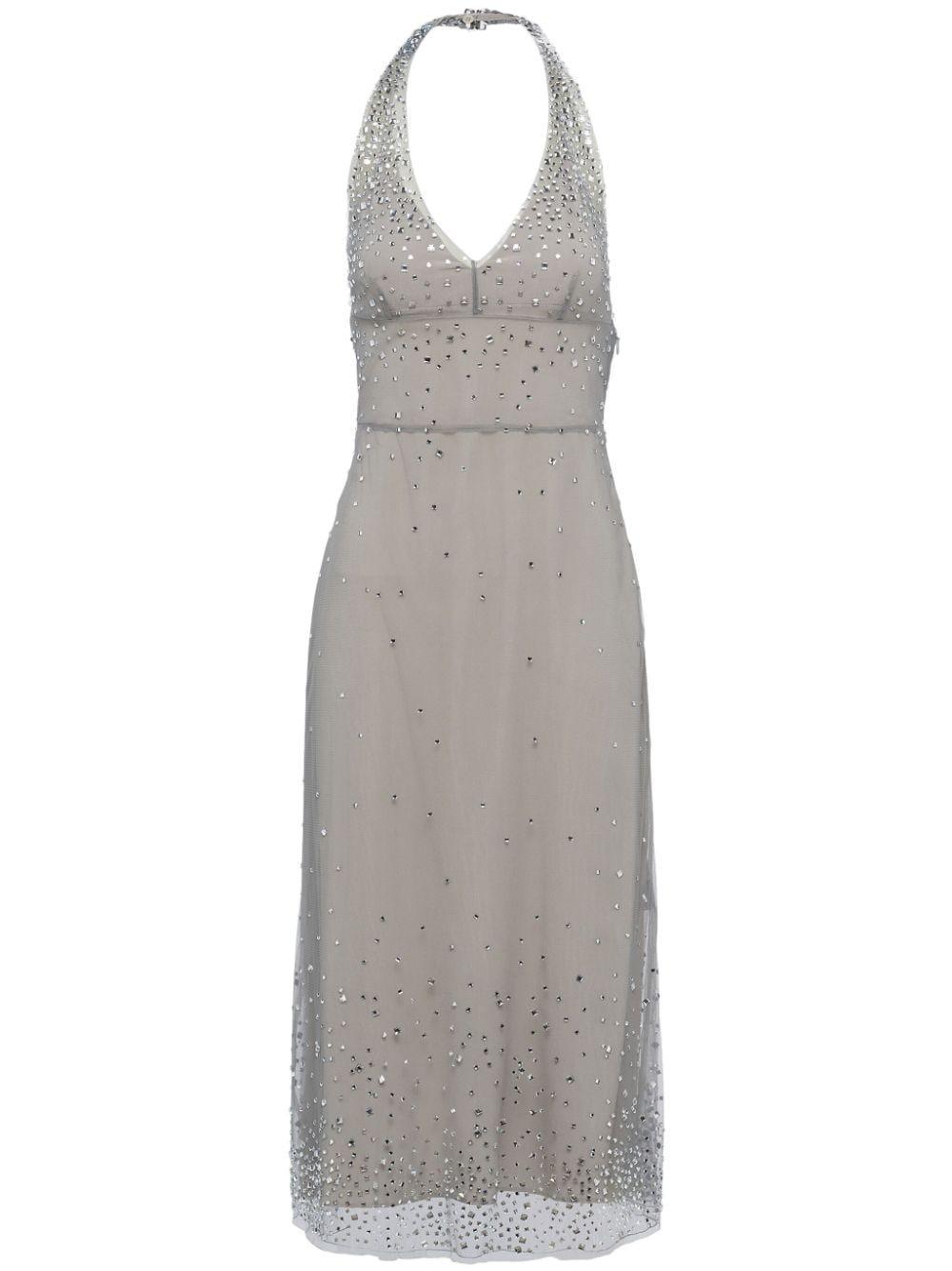 Embroidered Tulle Halter Dress In Grey Product Image