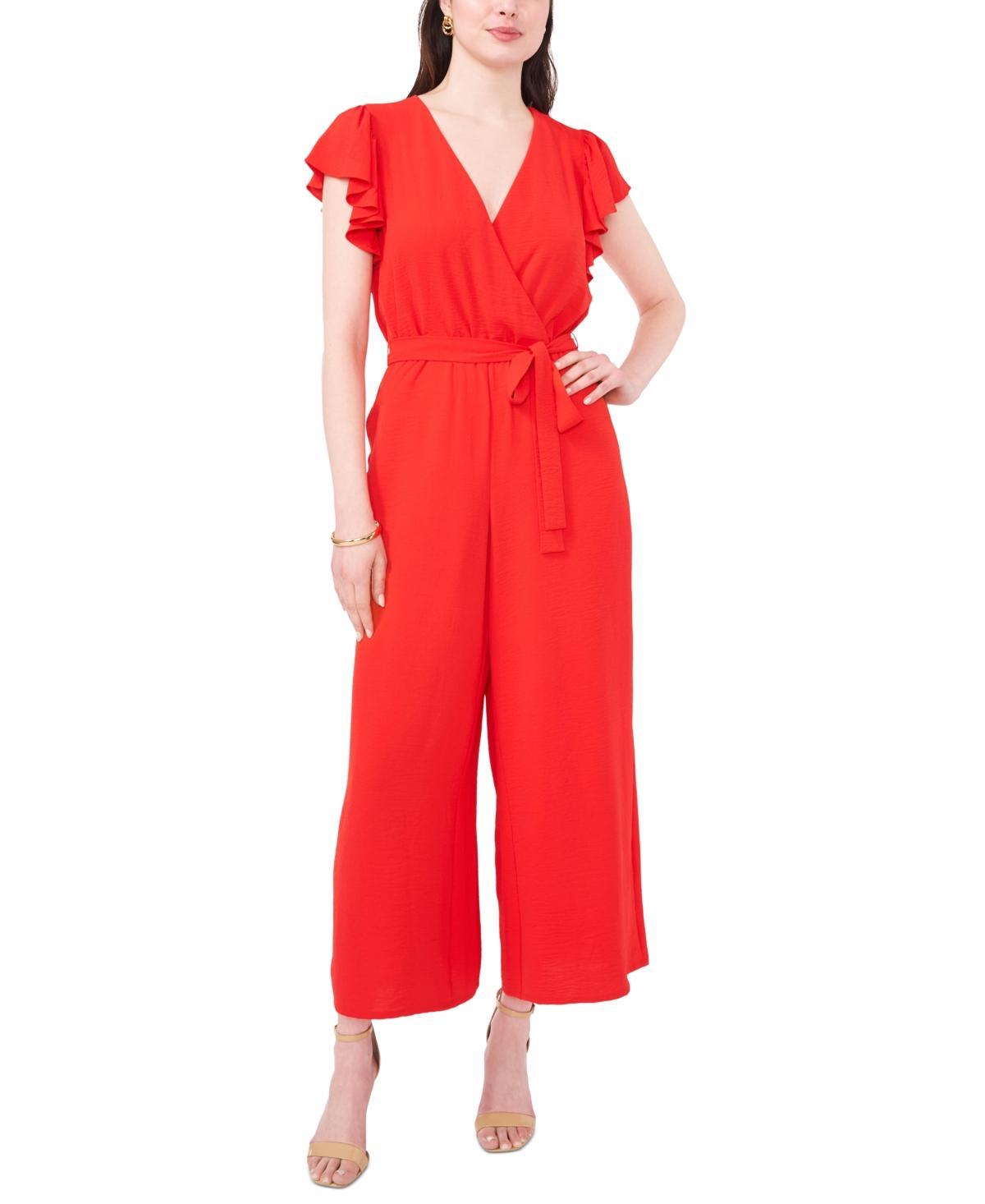 Vince Camuto Womens Tie-Waist Flutter-Sleeve V-Neck Jumpsuit Product Image