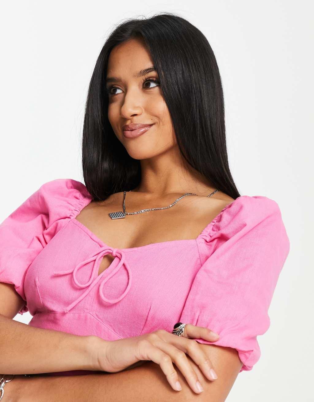 River Island Petite milkmaid top in bright pink Product Image