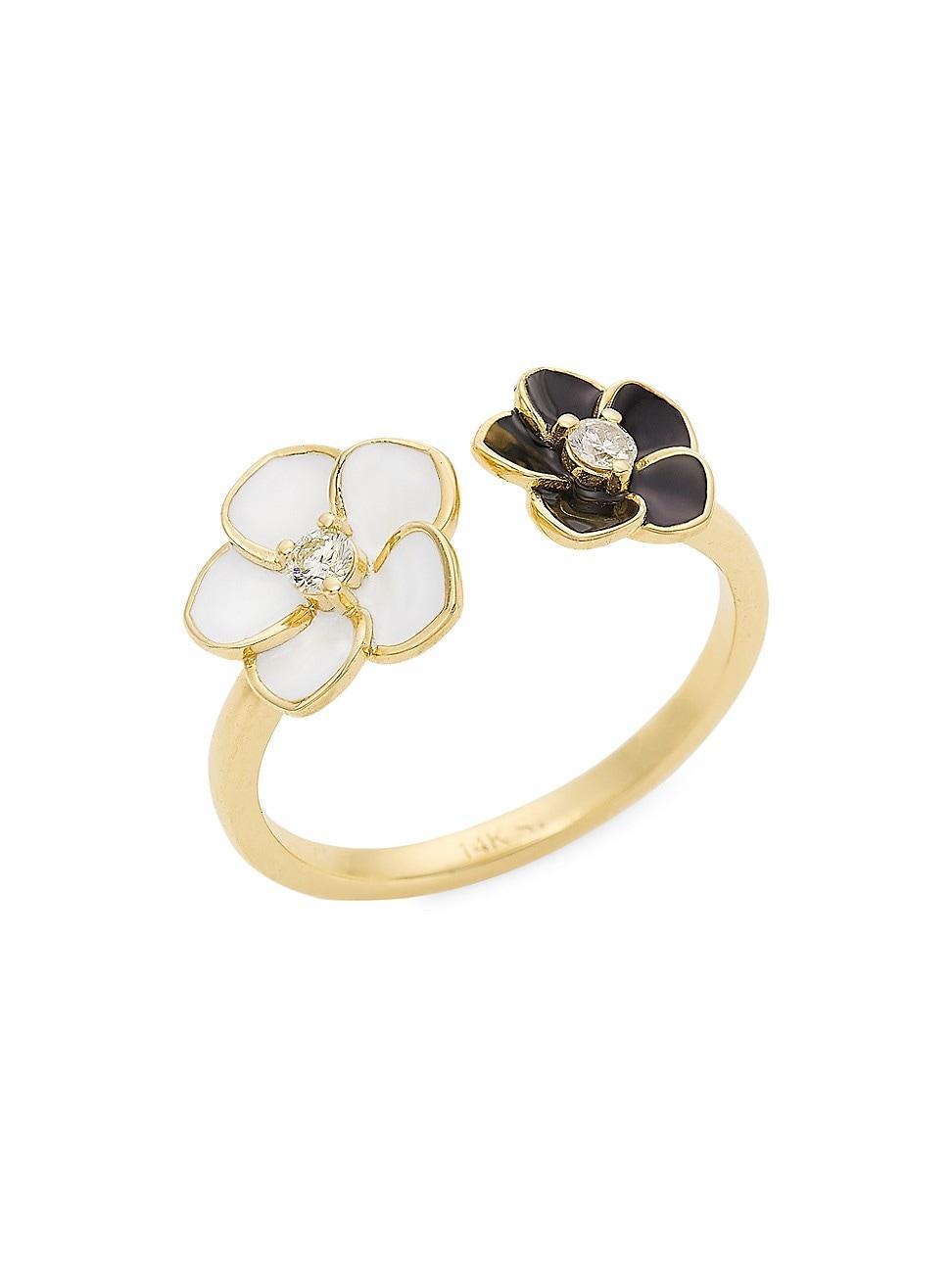 Womens 14K Yellow Gold, 0.1 TCW Diamond, & Enamel Flower Cuff Ring Product Image