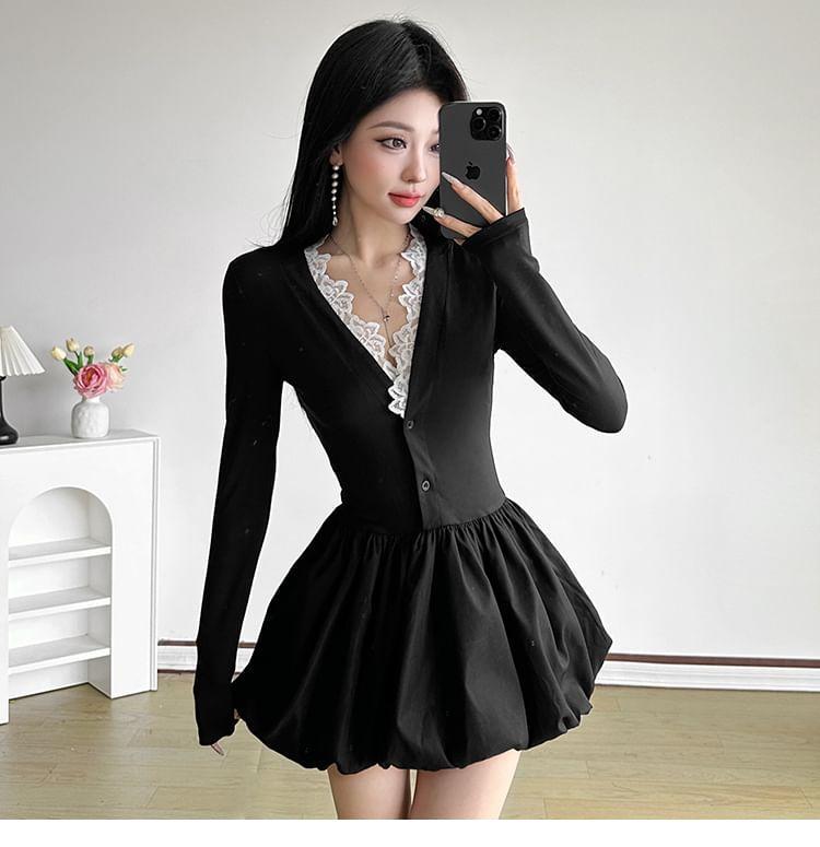 Long-Sleeve V-Neck Plain Lace Trim Mini A-Line Dress Product Image