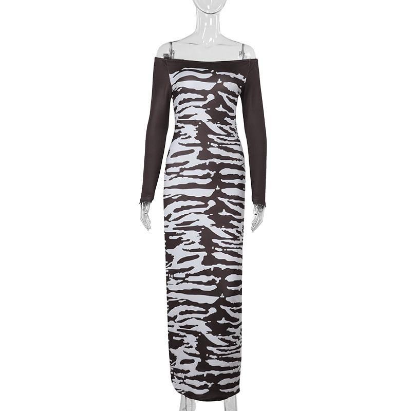 Long Sleeve Off Shoulder Patterned Print Maxi Sheath Dress Product Image