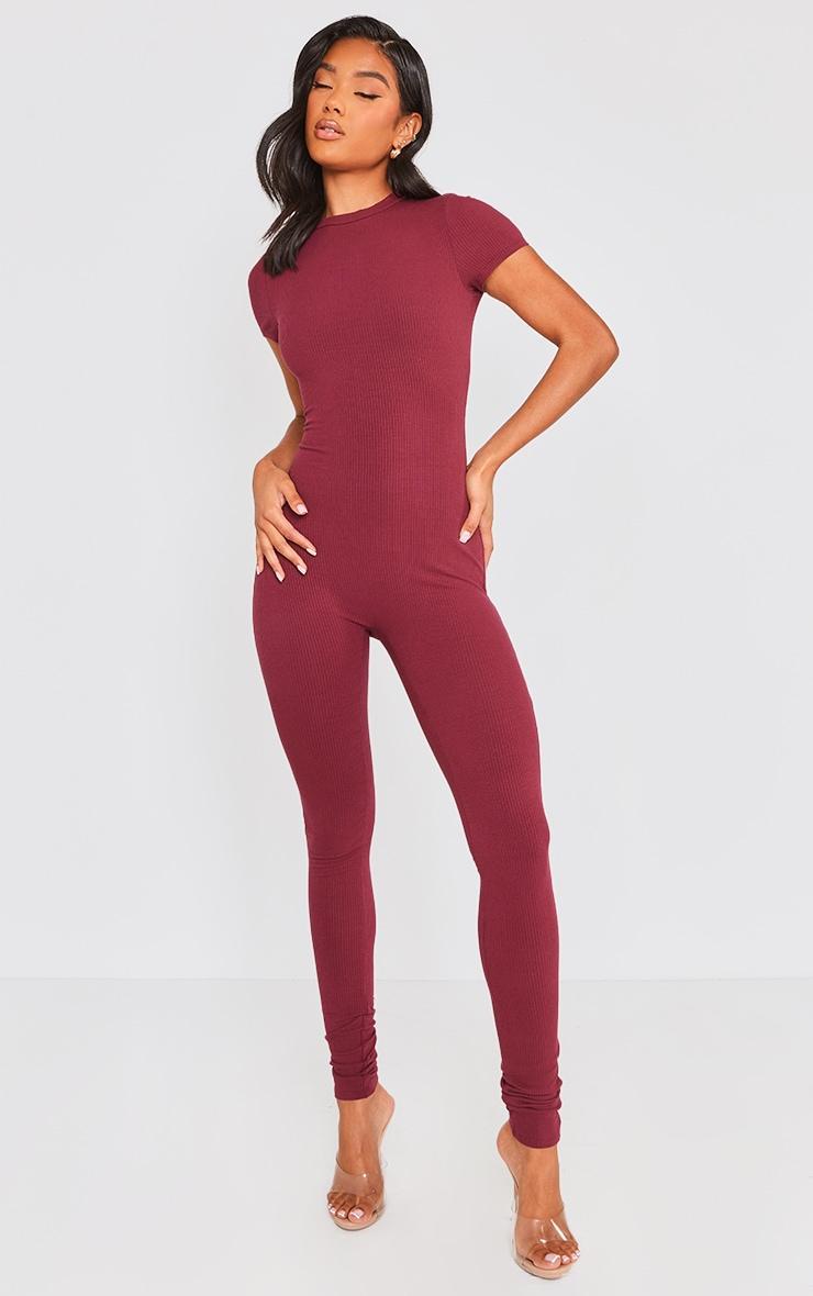 Burgundy Rib Short Sleeve Jumpsuit Product Image