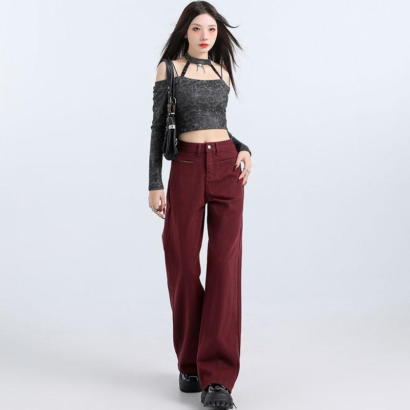 Mid Rise Plain Wide Leg Jeans (Various Designs) Product Image