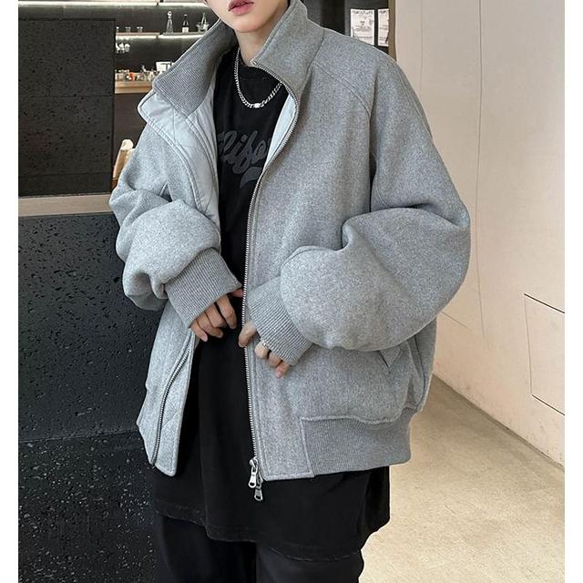 Stand Collar Plain Oversized Zip Up Jacket Product Image