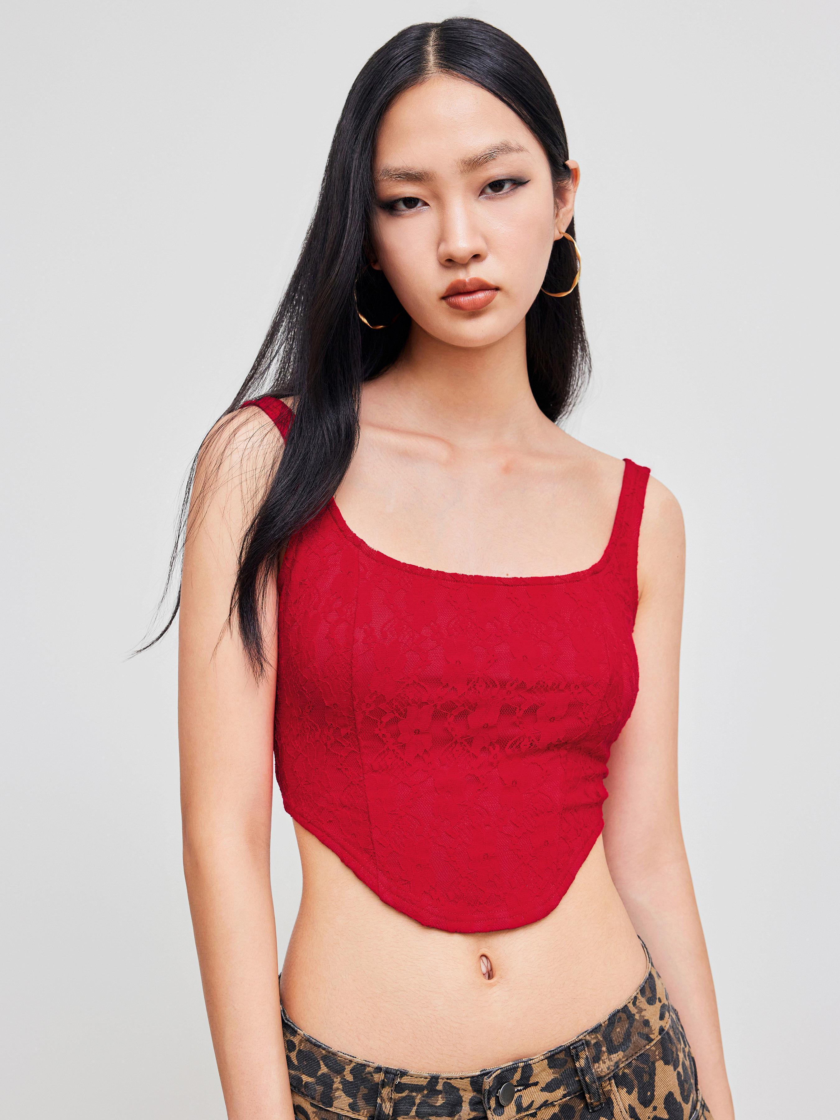 Lace Scoop Neckline Solid Crop Tank Top  product image