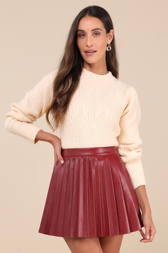 Chic Edge Burgundy Vegan Leather Pleated High-Rise Mini Skirt Product Image