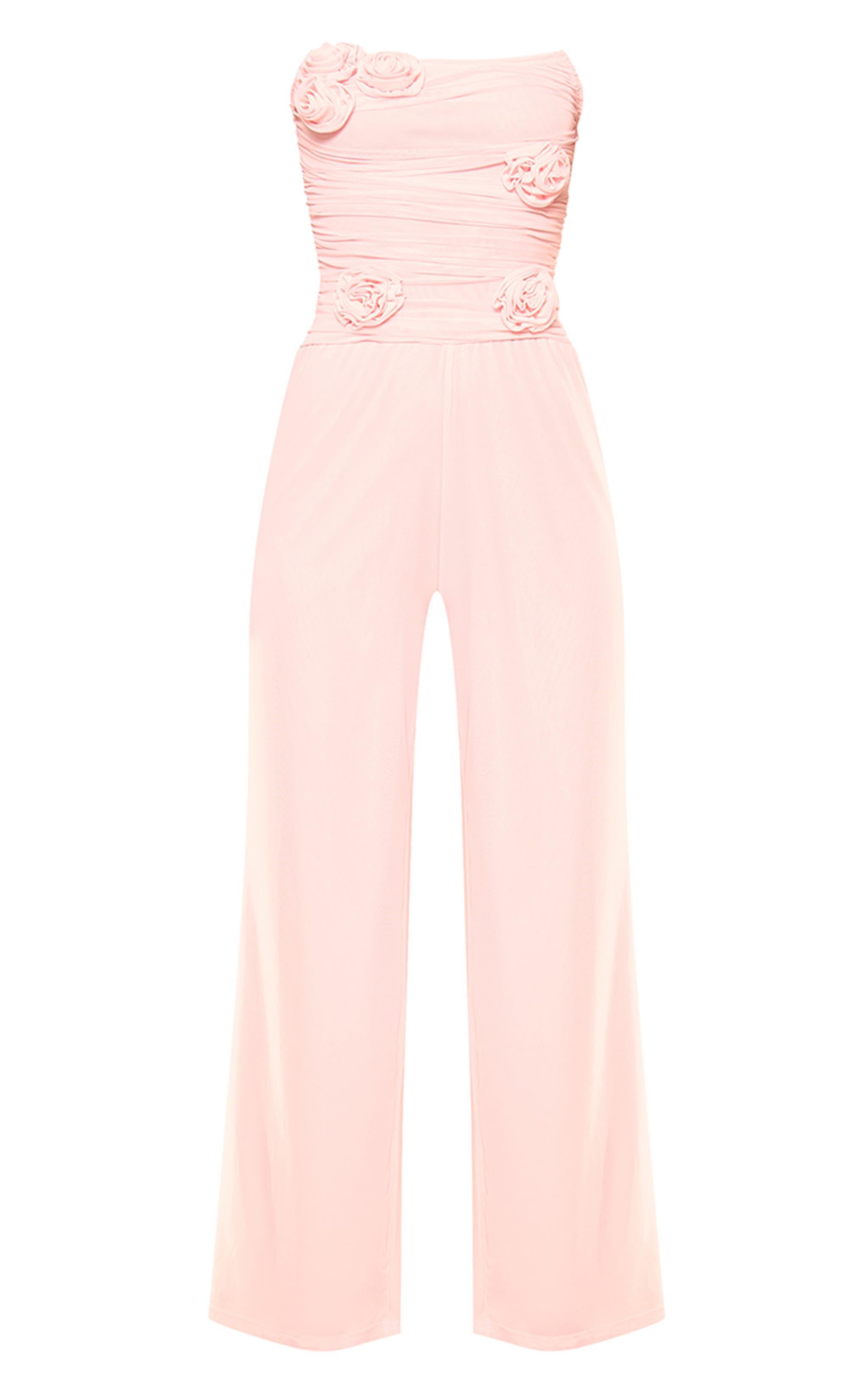 Pale Pink Mesh Overlay Bandeau Rose Applique Jumpsuit Product Image