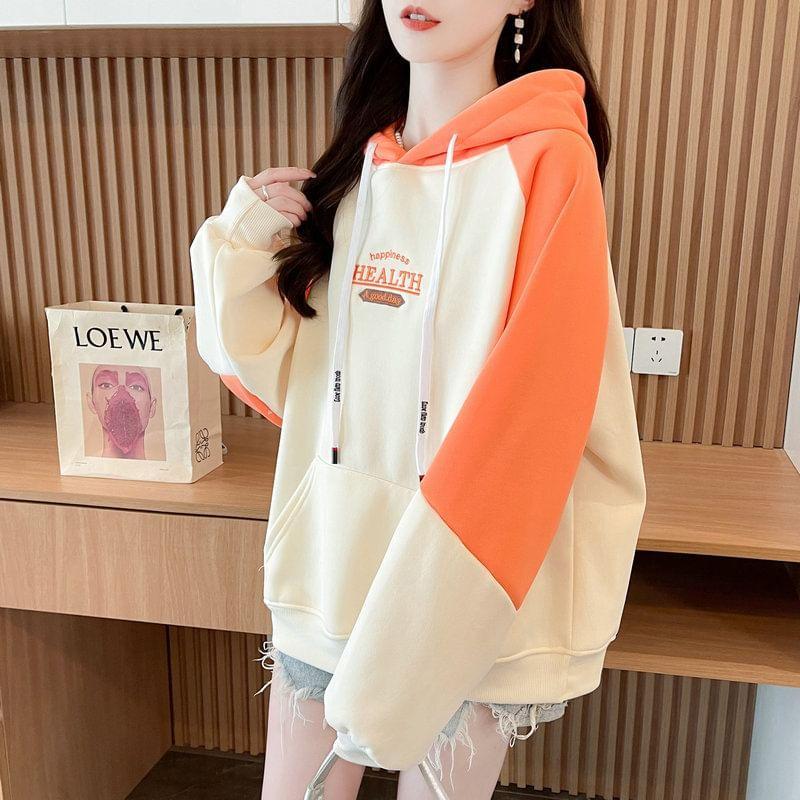 Lettering Embroidered Drawstring Raglan Hoodie Product Image