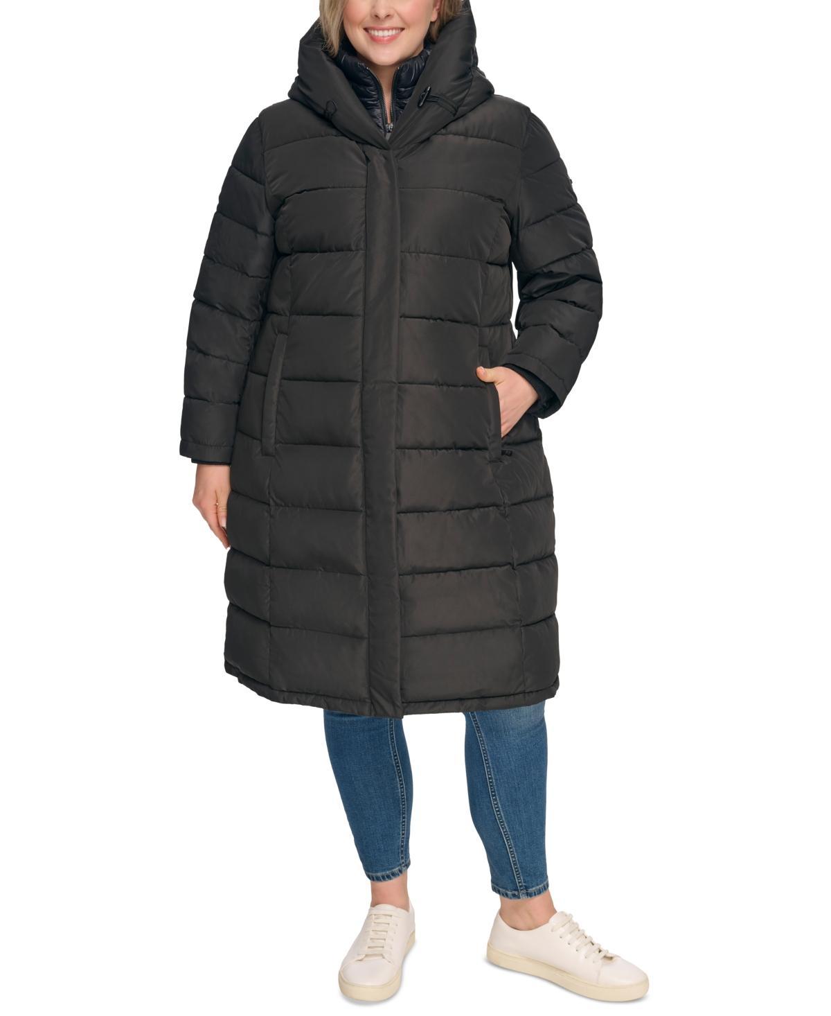 Dkny Womens Plus Size Bibbed Hooded Puffer Coat Product Image