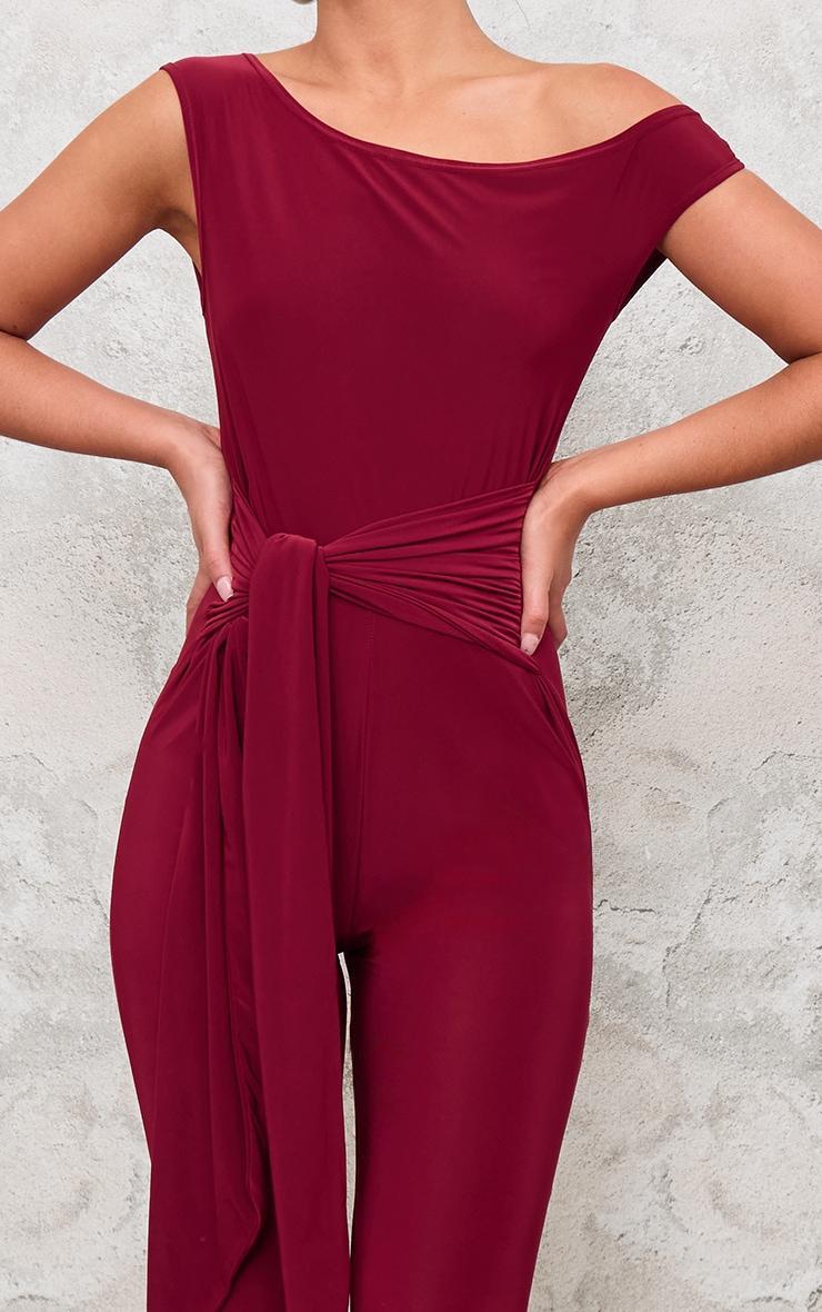 Burgundy Double Layer Slinky Knot Detail Wrap Front Jumpsuit Product Image