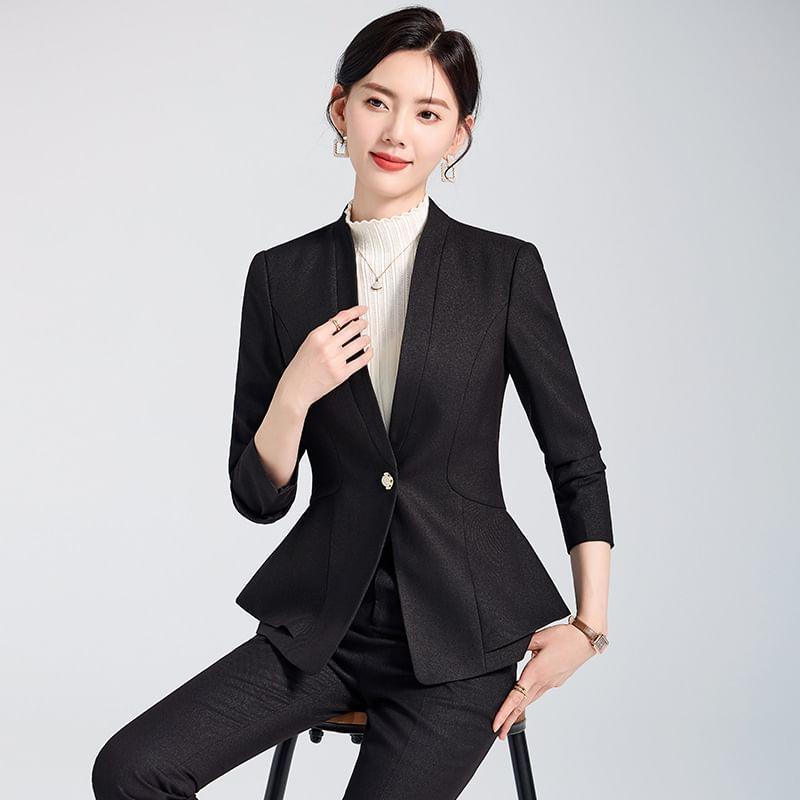 Set: Collarless Plain Single Breasted Blazer + Mid Rise Plain Slacks Product Image