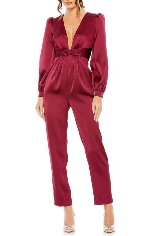 Mac Duggal Plunge Neck Long Sleeve Satin Jumpsuit Product Image