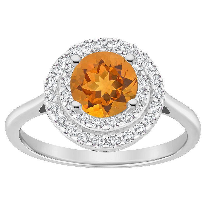 Celebration Gems Sterling Silver Round-Cut Citrine & White Topaz Double Halo Ring, Womens Product Image