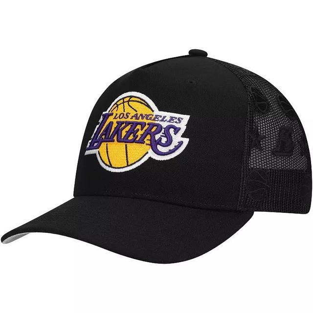 Mens Mitchell & Ness Los Angeles Lakers Monogram All-Over Logo Mesh Trucker Adjustable Hat Product Image