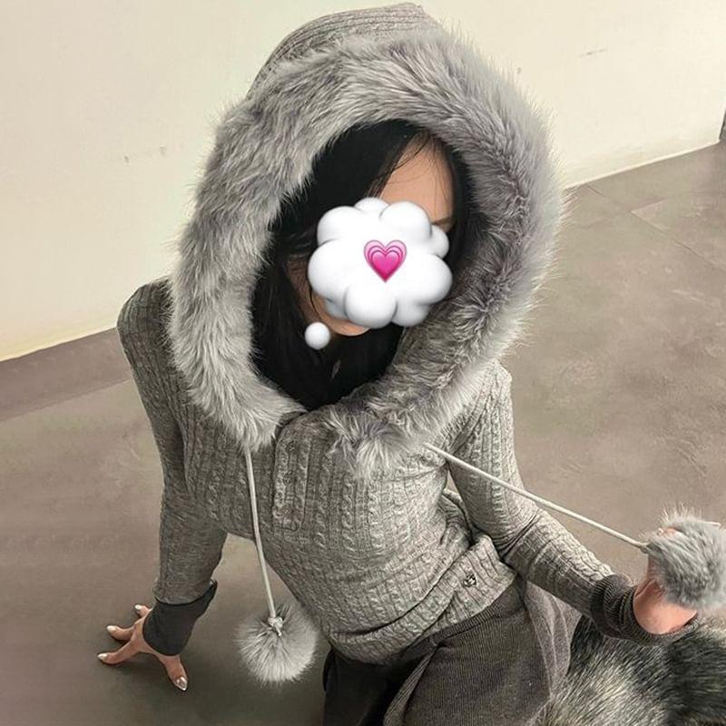 Long Sleeve Plain Cable-Knit Slim-Fit Furry-Trim Hooded Top Product Image