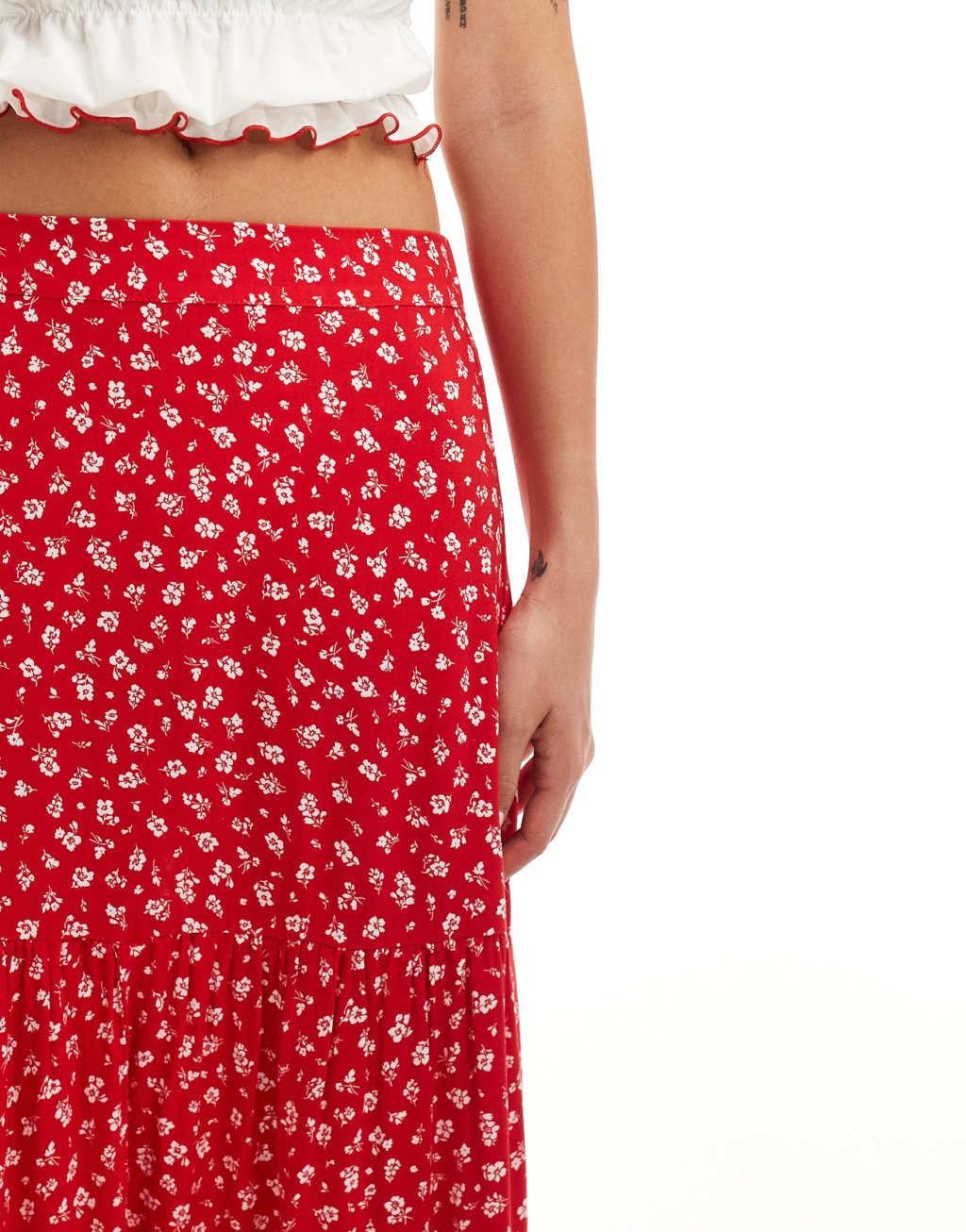 Monki tiered maxi skirt in red meadow floral Product Image