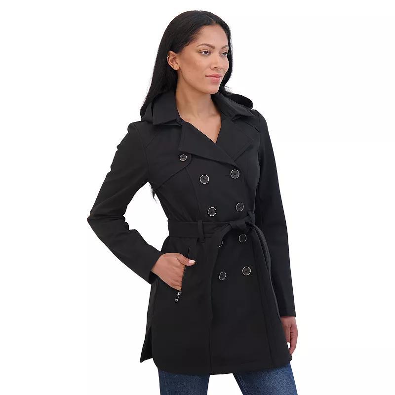 Sebby Collection Womens Belted Double Breasted Soft Shell Trench Coat With Detachable Hood Product Image