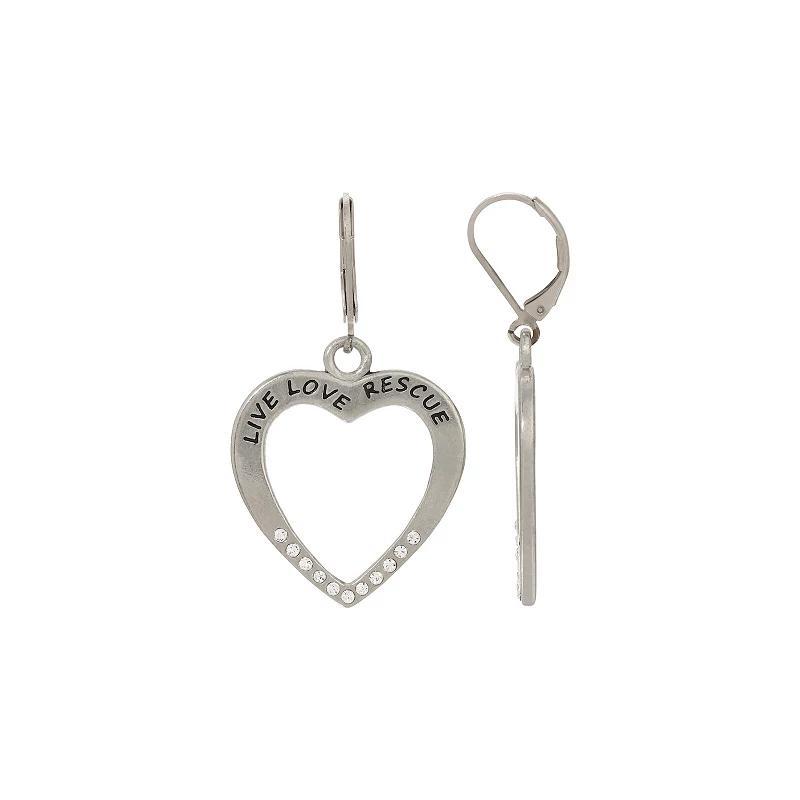 1928 Silver Tone Crystal Live Love Rescue Heart Drop Earrings, Womens, Gray Product Image