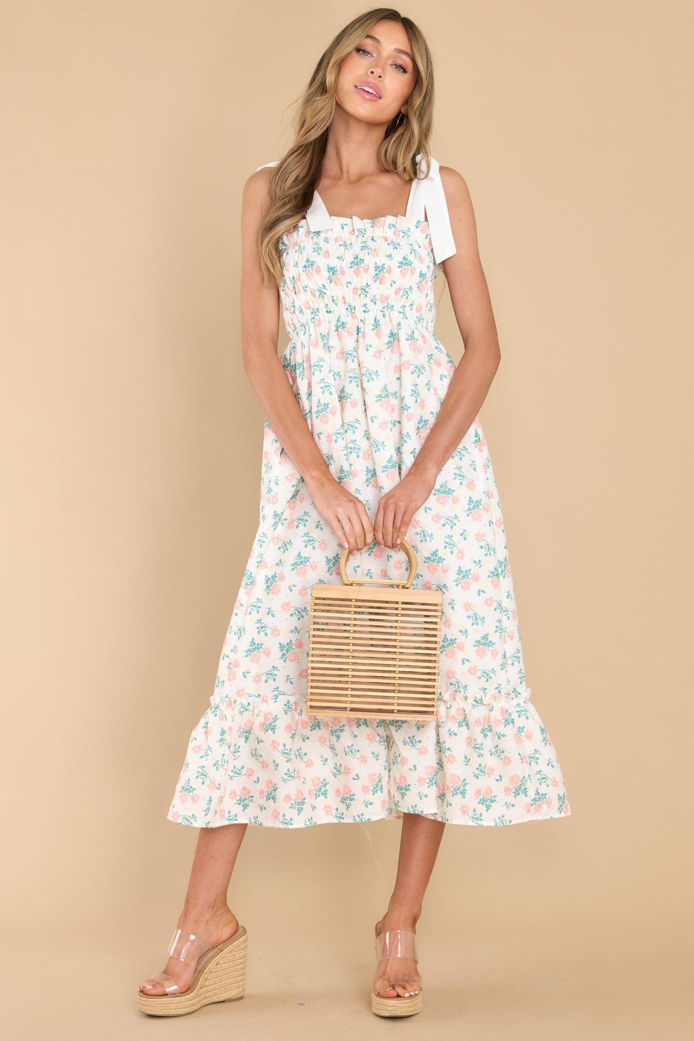 Camera Shy Peach Floral Print Cotton Midi Dress Product Image