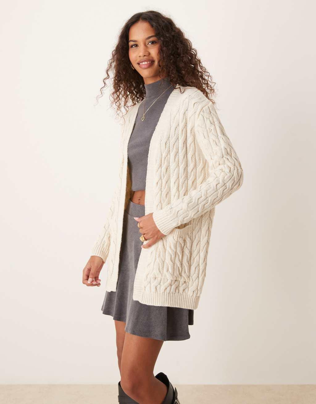 ASOS DESIGN oversized cable knit cardigan in ivory Product Image