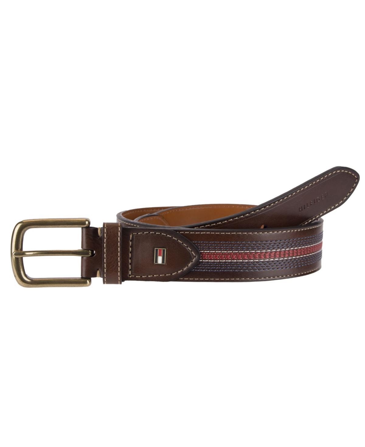 Tommy Hilfiger Men's Leather Contrast Stitch Stripe Inlay Belt, Tan, 38 Product Image