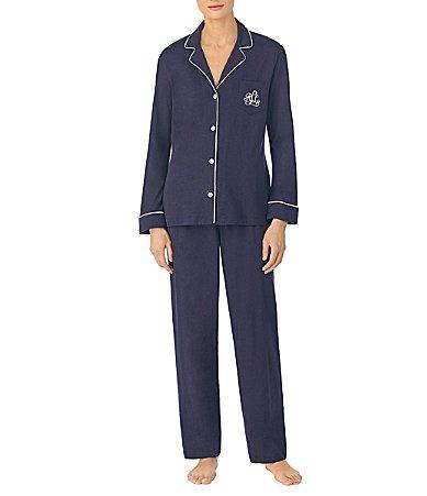 Lauren Ralph Lauren Long Sleeve Notch Collar Knit Long Cursive Monogram Pajama Set Product Image