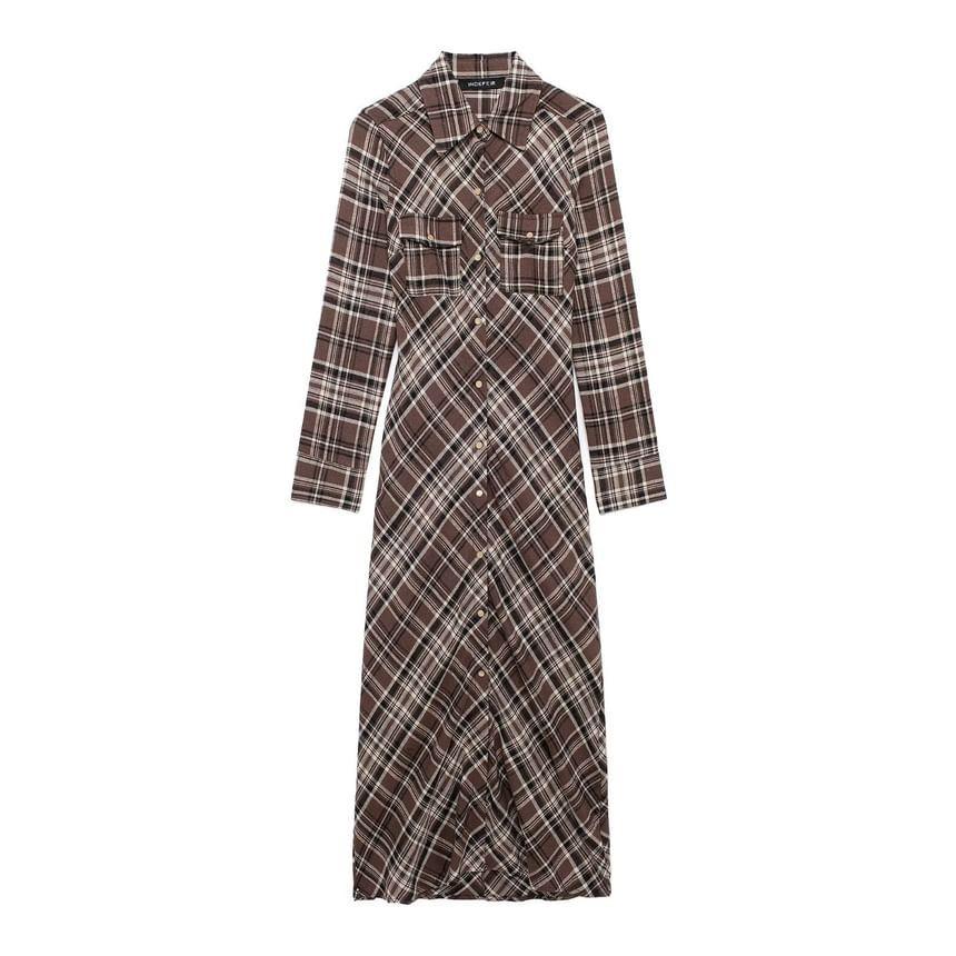 Long Sleeve Collared Plaid Maxi A-Line Shirt Dress product image