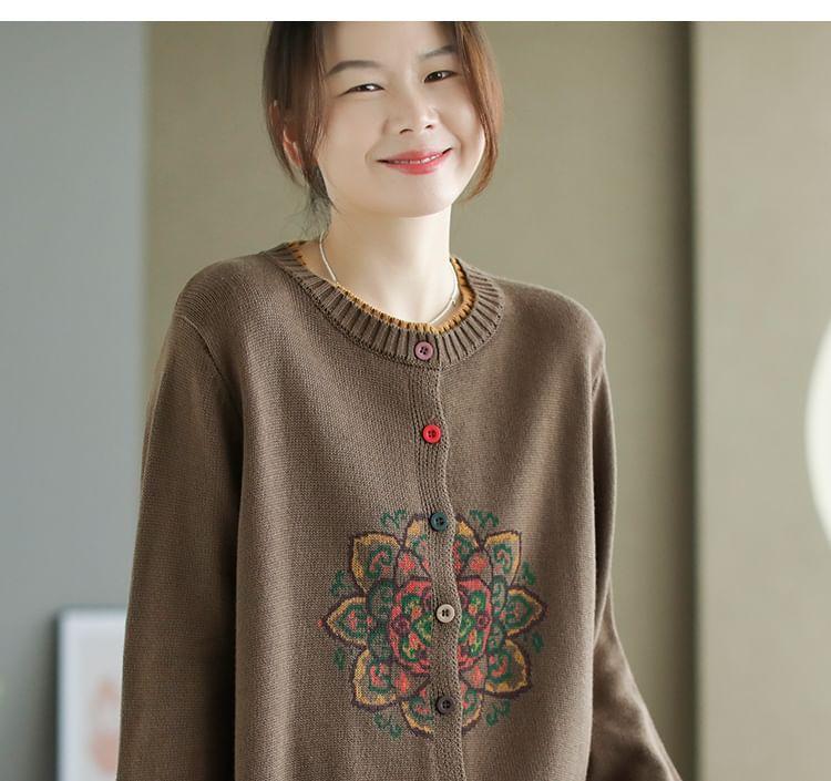 Round Neck Mandala Patterned Mock Two Piece Cardigan Product Image