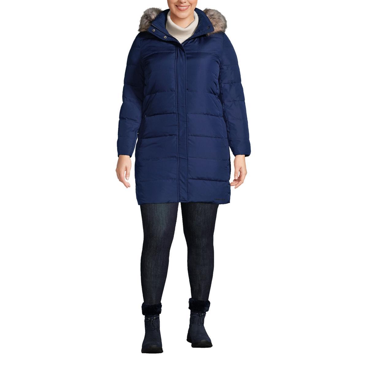 Plus Size Lands End Faux-Fur Hood Long Down Winter Coat, Womens Deep Blue Product Image