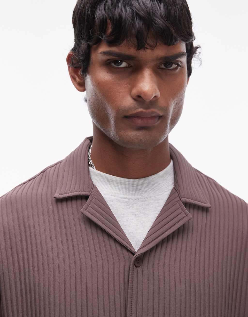 Topman long sleeve chunky plisse shirt in chocolate Product Image