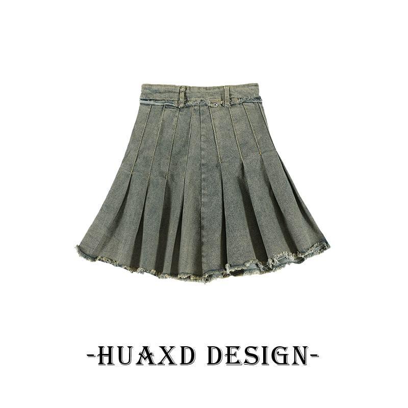 Long-Sleeve Zip-Up Denim Top / Mini Pleated Skirt / Set Product Image